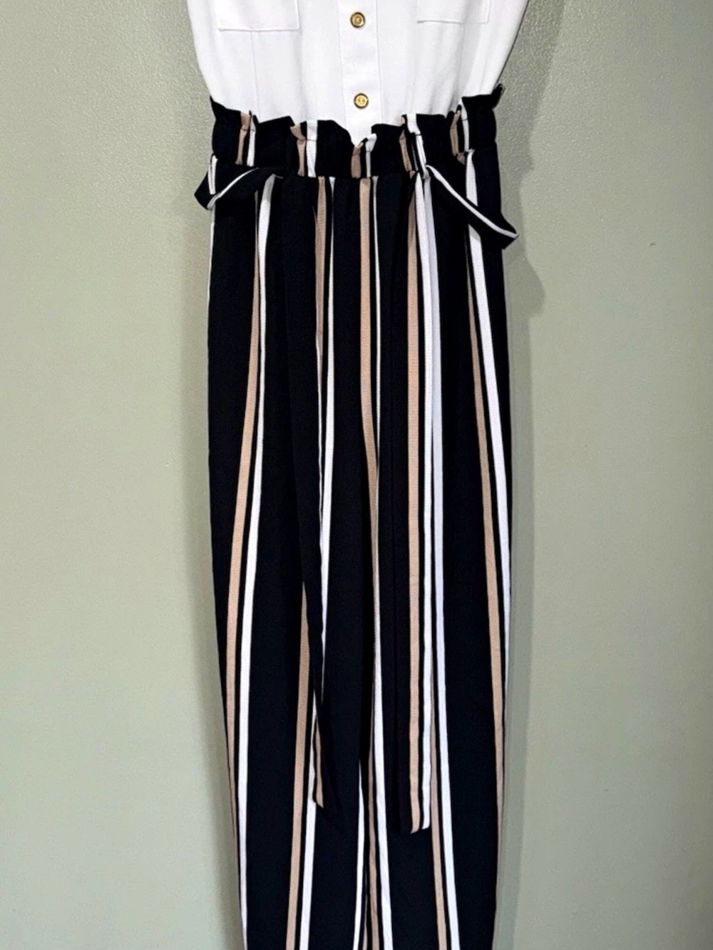Justice Black, White & Tan Striped Paperbag Waist Wide-Leg Pants